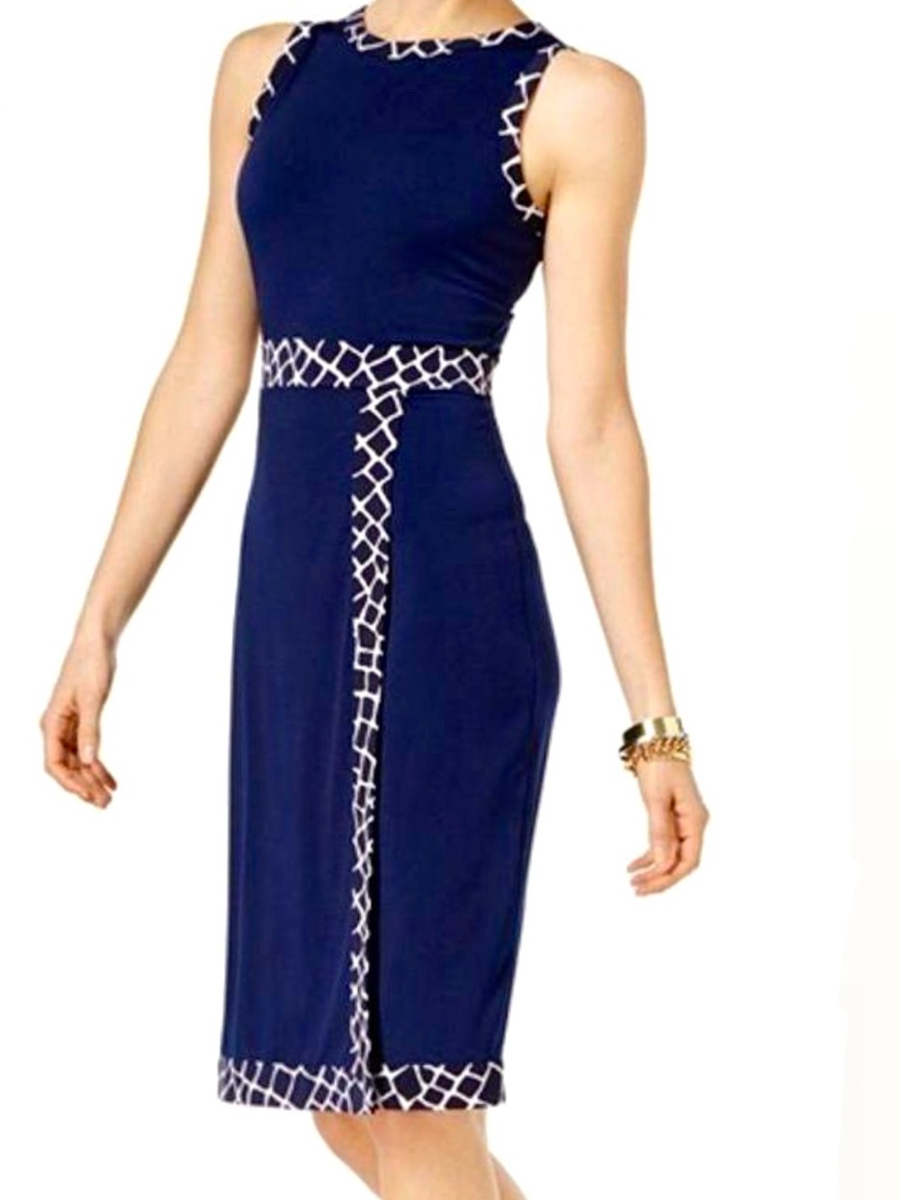 Michael Kors Faux Wrap Midi Dress Navy Blue White Geometric Border Sleeveless